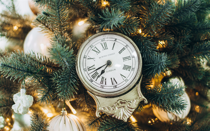Anno nuovo, l&#39;orologio, la mezzanotte, albero di Natale, oro antico orologio sull&#39;albero, Felice Anno Nuovo