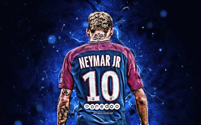 Neymar JR, back view, striker, PSG, Ligue 1, brazilian footballers, football stars, Paris Saint-Germain, neon lights, Neymar, soccer