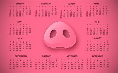 2019 kalender, rosa kreativ bakgrund, gris, rosa kalender f&#246;r 2019, 2019 m&#229;nader, kreativ konst, 2019 begrepp