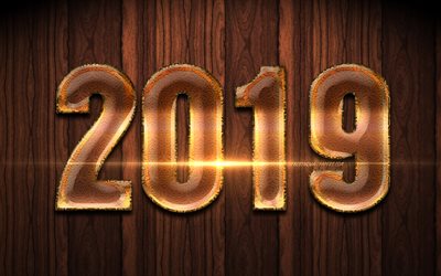 2019 brown glass digits, Happy New Year 2019, wooden background, brown digits, 2019 glass art, 2019 concepts, 2019 on wooden background, 2019 year digits