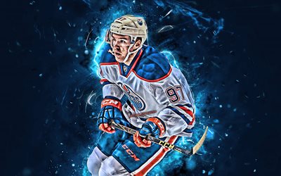 Connor McDavid, white uniform, Edmonton Oilers, NHL, hockey players, hockey stars, McDavid, hockey, neon lights, mcdavid97
