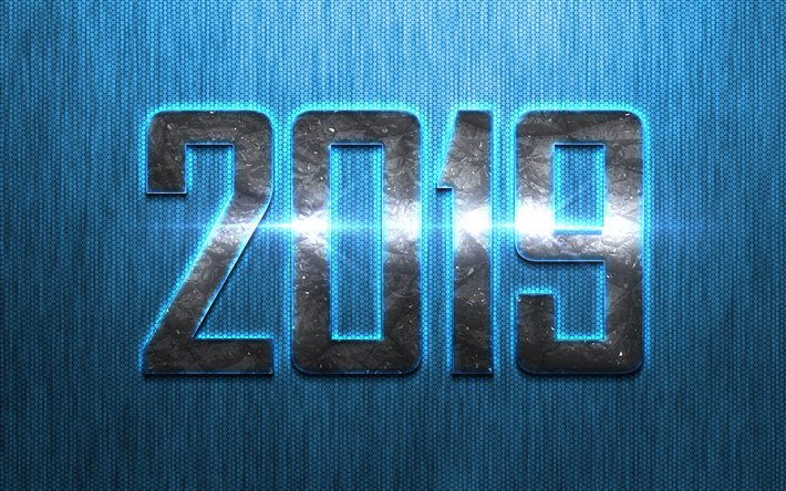 2019 Year, blue creative background, blue metal mesh, Happy New Year, background for greeting cards, art, blue 2019 background