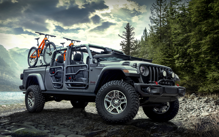 2020, Jeep Gladiator Rubicon, Mopar, new gray SUV, mounts for bikes on the car, tuning Rubicon, american cars, Jeep