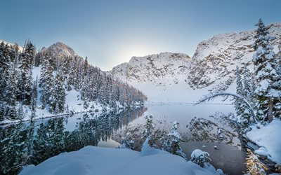 winter lake, mountains, winter, snow, winter landscape, evening, mountain lake