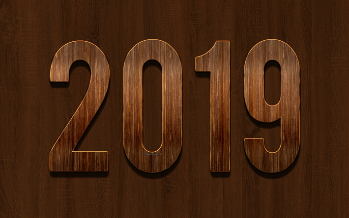 year, wooden texture, 2019 wooden background, 2019 creative art, Happy New Year, 2019 concepts, brown wooden letters