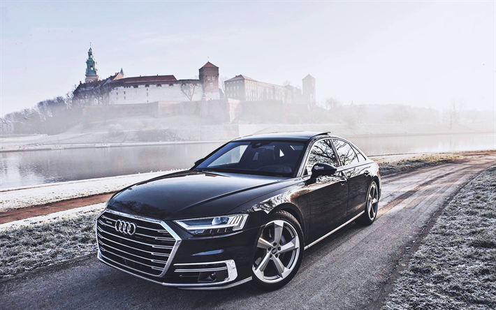 Audi A8, kış, 2018 arabalar, l&#252;ks arabalar, siyah A8, Alman otomobil, HDR, Audi