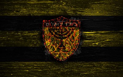 Beitar Jerusalem FC, yangın logo, Ligat ha Al, sarı, siyah ve beyaz &#231;izgiler, İsrail Futbol Kul&#252;b&#252;, grunge, futbol, logo, Beitar Kud&#252;s, ahşap doku, İsrail