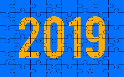 2019 puzzle background, 2019 year, blue-yellow puzzle, creative 2019 art, puzzles, blue 2019 background, 2019 concepts, Happy New Year