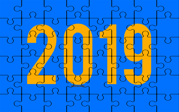 2019年パズルの背景, 2019年, 青-黄色のパズル, 創作2019年の美術, パズル, 青2019年の背景, 2019概念, 謹賀新年