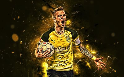 Marco Reus, goal, Borussia Dortmund FC, german footballers, joy, soccer, Reus, BVB, Bundesliga, football, neon lights