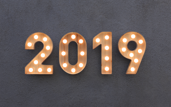 Creative 2019 background, Happy New Year, wooden letters with light bulbs, 2019 concepts, gray 2019 background, art, 2019 year