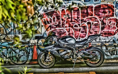 BMW S1000RR, 4k, HDR, 2018 bikes, graffiti, superbikes, black S1000RR, street art, german motorcycles, BMW