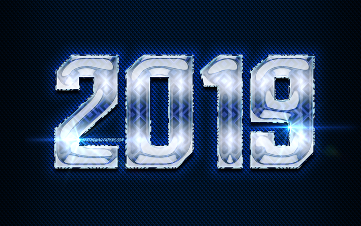 2019 blue glass digits, Happy New Year 2019, blue metal background, blue digits, 2019 glass art, 2019 concepts, 2019 on blue background, 2019 year digits