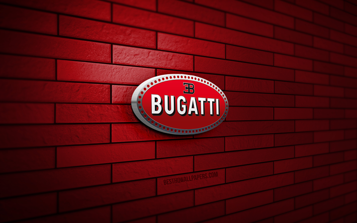 bugatti 3d logo, 4k, lila brickwall, kreativ, automarken, bugatti logo, 3d kunst, bugatti