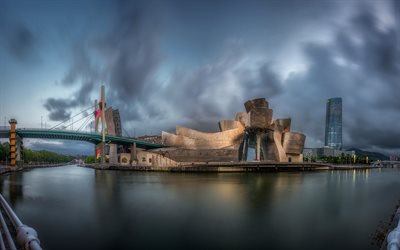 Museo Guggenheim Bilbao, sera, tramonto, Bilbao, museo di arte moderna e contemporanea, Paesaggio urbano di Bilbao, Punto di riferimento, Spagna