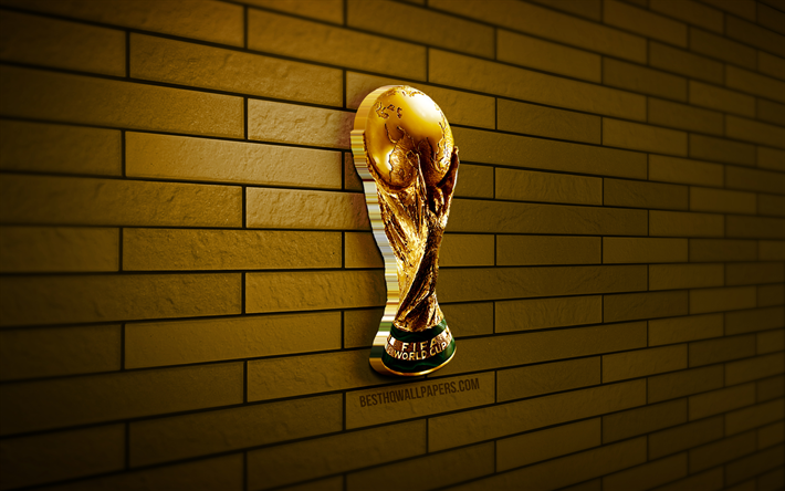 Coupe du Monde de la FIFA 3D, 4K, mur de briques jaunes, cr&#233;atif, troph&#233;es de football, Coupe du Monde de la FIFA, art 3D, ic&#244;ne de la Coupe, FIFA, ic&#244;ne des troph&#233;es