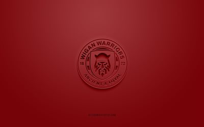 Wigan Warriors, luova 3D-logo, viininpunainen tausta, Brittil&#228;inen rugbyklubi, 3D-tunnus, Super League Europe, Wigan, Englanti, 3D-taide, rugby, Wigan Warriors 3D -logo