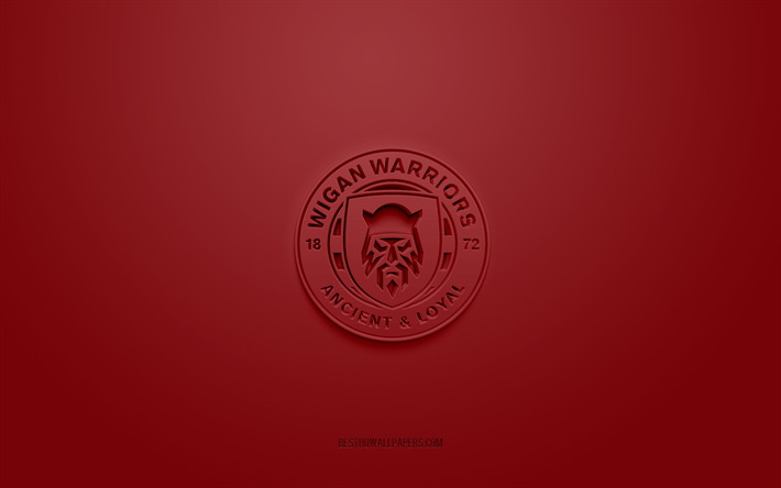 Wigan Warriors, logo creativo 3D, sfondo bordeaux, club di rugby britannico, emblema 3d, Super League Europe, Wigan, Inghilterra, arte 3d, rugby, logo Wigan Warriors 3d