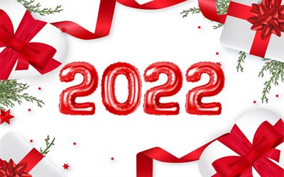2022 kırmızı gerçekçi balon rakamları, 4k, 2022 yılı rakamları, Yeni Yılınız Kutlu Olsun 2022, kırmızı gerçekçi balonlar, 2022 konseptleri, 2022 yeni yılı, beyaz zemin üzerine 2022