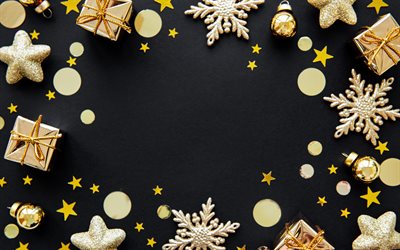 Cadre de Noël, 4k, fond noir, bonne année, décorations de Noël dorées, flocons de neige dorés, boules de Noël dorées, joyeux Noël