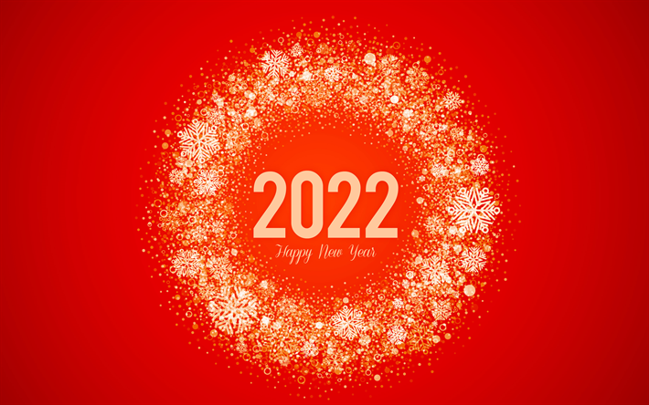 Bonne ann&#233;e 2022, 4k, cadre d&#39;hiver dor&#233;, cadre de flocons de neige, nouvel an 2022, concepts 2022, fond rouge 2022, carte de voeux