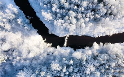 winter, aerial view, river, snowy forest, beautiful nature, forest, snowdrifts