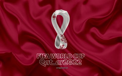 2022 FIFA Dünya Kupası, 4k, 2022 Katar, mor ipek doku, Katar 2022 logosu, Katar 2022 amblemi, 2022 FIFA Dünya Kupası logosu, futbol turnuvası