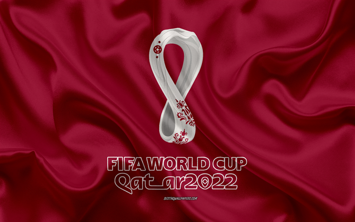 Coupe du monde de football 2022, 4k, Qatar 2022, texture de soie violette, logo Qatar 2022, embl&#232;me Qatar 2022, logo de la Coupe du monde de football 2022, tournoi de football