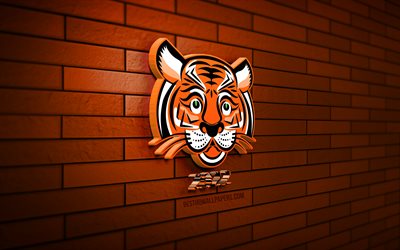 jahr des tigers, 4k, 3d-cartoon-tiger, frohes neues jahr 2022, orange brickwall, 2022 chinesisches tierkreiszeichen, cartoon-tiger, frohes neues jahr, tiger-sternzeichen, tiger-symbol