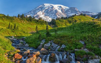 Mount Rainier, morgon, Edith Creek, Cascade Range, bergslandskap, bergsbäck, Washington State, USA