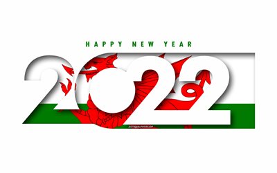 Bonne année 2022 Pays de Galles, fond blanc, Pays de Galles 2022, Pays de Galles 2022 Nouvel An, 2022 concepts, Pays de Galles, Drapeau du Pays de Galles