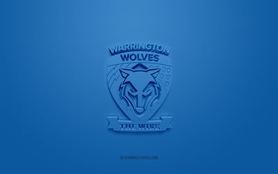 وارينجتون وولفز, شعار 3D الإبداعية, الخلفية الزرقاء, نادي الرجبي البريطاني, 3d شعار, سوبر ليج أوروبا, وارنغتون Warrington, إنجلترا, فن ثلاثي الأبعاد, رُكْبِي ; رُوكْبِي, شعار Warrington Wolves 3D