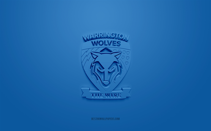 Warrington Wolves, logo 3D cr&#233;atif, fond bleu, club de rugby britannique, embl&#232;me 3d, Super League Europe, Warrington, Angleterre, art 3d, rugby, logo 3d Warrington Wolves