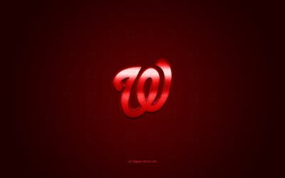 Emblème des ressortissants de Washington, club de baseball américain, logo rouge, arrière-plan en fibre de carbone rouge, MLB, insigne des ressortissants de Washington, baseball, Washington, États-Unis, ressortissants de Washington