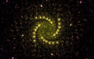 fond jaune de fractales, fond de fractales tourbillon, fond de spirale jaune, fond de fractales, fond de lumi&#232;res fractales