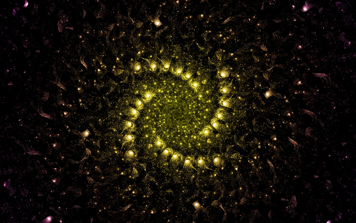 fundo amarelo de fractais, fundo de fractais em espiral, fundo de espiral amarela, fundo de fractais, fundo de luzes de fractais