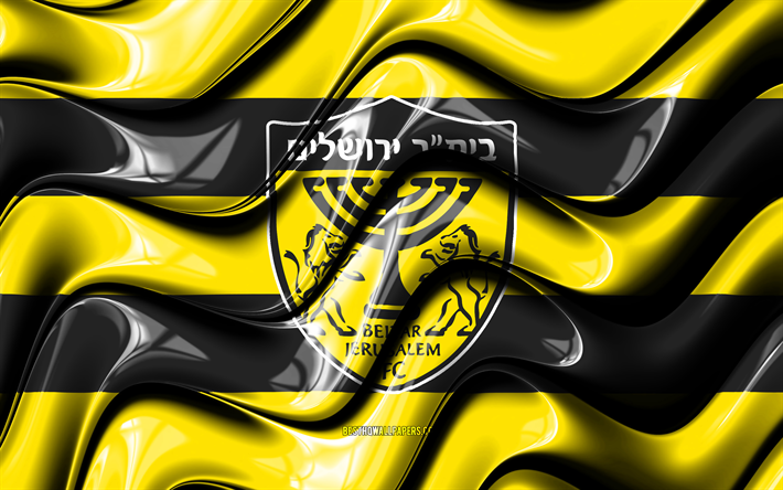 Beitar Jerusalem bandiera, 4k, giallo e nero 3D onde, Ligat ha Al, squadra di calcio Israeliana, Beitar Jerusalem, calcio, Beitar Jerusalem logo, Beitar Jerusalem FC, Israele