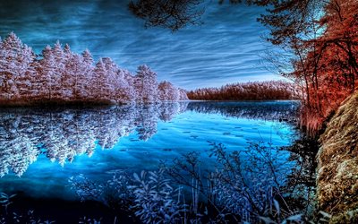 winter, 4k, blue lake, forest, snowy forest, HDR, beautiful nature, snowy trees