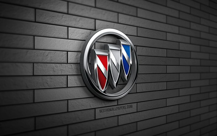 Logo Buick 3D, 4K, muro di mattoni grigio, creativo, marche di automobili, logo Buick, arte 3D, Buick