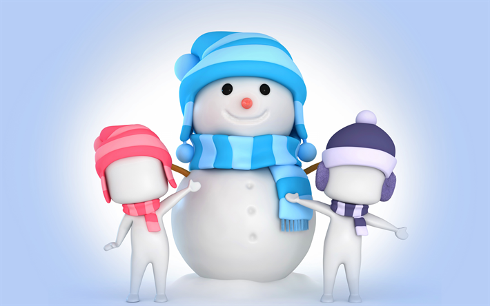 bonhomme de neige 3d, hiver, bonne ann&#233;e, bonhommes de neige, fond d&#39;hiver 3d, neige, fond avec bonhommes de neige