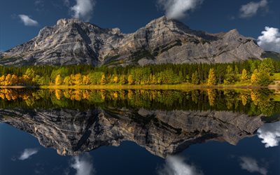 Étang de coin, lac de montagne, automne, soirée, Rocheuses canadiennes, paysage de montagne, forêt, Alberta, Canada