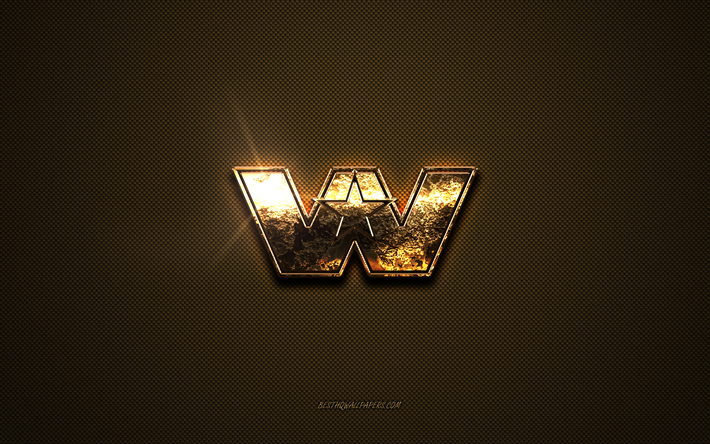 Western Star golden logo, artwork, brown metal background, Western Star emblem, Western Star logo, brands, Western Star