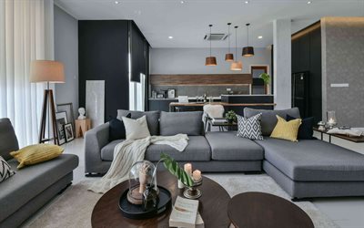 stilvolles modernes wohnungsdesign, wohnzimmer, küche, graue wände, modernes interieur, stilvolles interieur, graues sofa im wohnzimmer, wohnzimmeridee