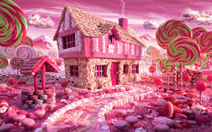 House of Barbie, lollipops, fabulous landscape, 3D art, Country of Barbie, fairy tale