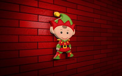 Noel Elf, 4K, kırmızı brickwall, Noel s&#252;sleri, 3D Noel Elf, Yeni Yılınız Kutlu Olsun, Mutlu Noeller, 3D sanat, 3D Elf, Elf simgesi
