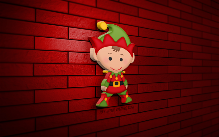Xmas Elf, 4K, red brickwall, Christmas decorations, 3D Xmas Elf, Happy New Year, Merry Christmas, 3D art, 3D Elf, xmas decorations, Elf icon