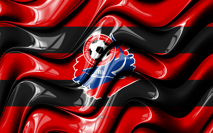ハポエルハイファ旗, 4k, 赤と黒の3D波, リガットハアル, イスラエルのサッカークラブ, ハポエル・ハイファ, サッカー, ハポエルハイファのロゴ, ハポエルハイファFC, イスラエル