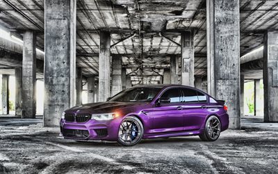 BMW M5, F90, 4k, vue de face, violet M5 F90, tuning F90, tuning BMW M5, voitures allemandes, BMW