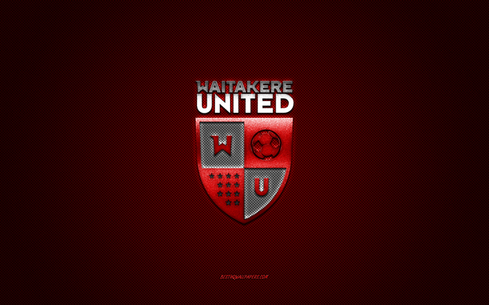 Waitakere United, clube de futebol da Nova Zel&#226;ndia, logotipo branco, fundo vermelho de fibra de carbono, Liga Nacional da Nova Zel&#226;ndia, futebol, Waitakere, Nova Zel&#226;ndia, logotipo do Waitakere United