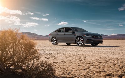 Volkswagen Jetta GLI, 2019, Gris sed&#225;n, vista de frente, nuevo Jetta gris, desierto, EEUU, los coches alemanes, Volkswagen